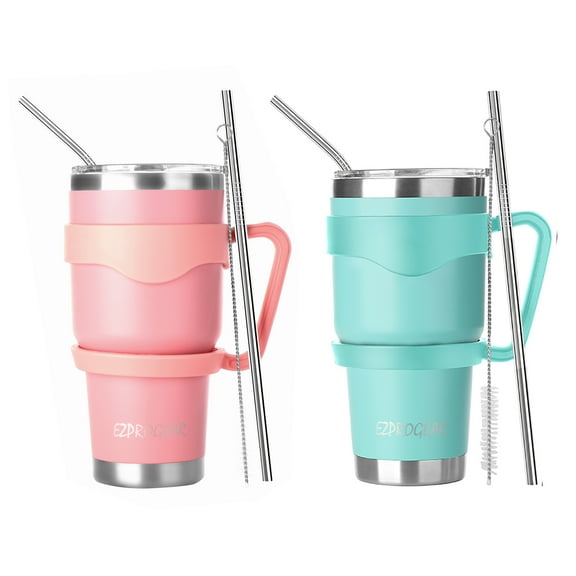 Ezprogear 30 oz 2 Pack Stainless Steel Coffee Tumbler Double Wall Water Cup Vacuum Insulated Camping Mug with Handle. Lid & Straws (Pink & Mint)