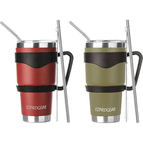 Ezprogear 30 oz 2 Pack Stainless Steel Tumbler Double Wall Coffee Cup Vacuum Insulated Camping Mug with Handle. Lid & Straws (Cherry & Olive Green)