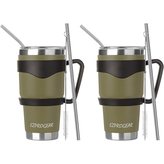Ezprogear 30 oz 2 Pack Stainless Steel Tumbler Double Wall Vacuum Insulated Coffee Cup Travel Mug with Handle & Straws (Olive Green)