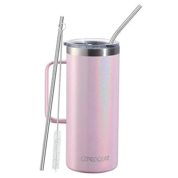 Ezprogear 32 oz Glitter Carnation Stainless Steel Coffee Mug Double Wall Beer Tumbler Vacuum Insulated Camping Cup with Handle and Lid