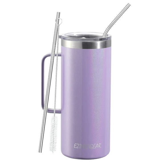 Ezprogear 32 oz Glitter Violet Purple Stainless Steel Coffee Mug Double Wall Beer Tumbler Vacuum Insulated Camping Cup with Handle, Lid & Strars