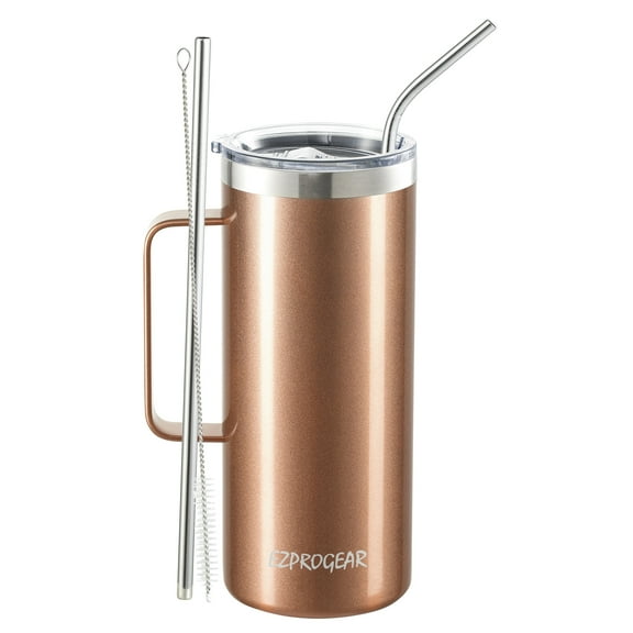 Ezprogear 32 oz Rose Gold Stainless Steel Coffee Mug Double Wall Beer Tumbler Vacuum Insulated Camping Cup with Handle, Lid & Straws