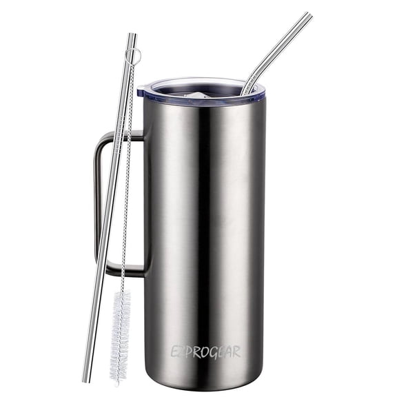Ezprogear 32 oz Stainless Steel Color Stainless Steel Coffee Mug Double Wall Beer Tumbler Vacuum Insulated Camping Cup with Handle, Lid & Straws