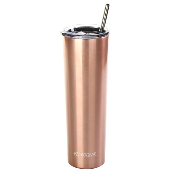 Ezprogear 34 oz Stainless Steel Slim Skinny Tumbler Vacuum Insulated Beer Mug Coffee Cup with Straw (Rose Gold)