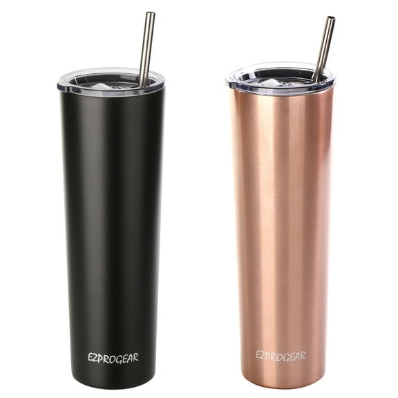 Ezprogear 34 oz Stainless Steel Slim Tumbler Double Wall Vacuum Insulated Cup with Straws (Black & Rose Gold)