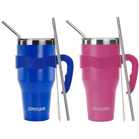 Ezprogear 40 oz 2 Pack Stainless Steel Tumbler Double Wall Vacuum Insulated Coffee Mug Travel Cup with Handle and Straws (Blue & Magenta)