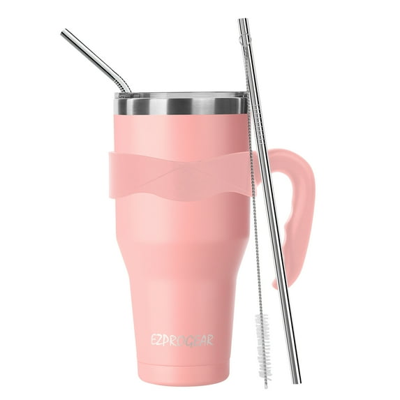 Ezprogear 40 oz Pink Tumbler Stainless Steel Double Wall Coffee Cup with Handle, Lid & Straws (Pink)