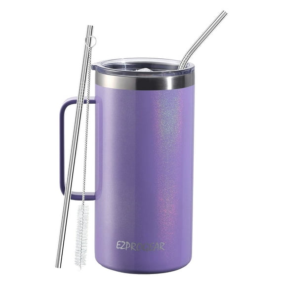 Ezprogear 40 oz Stainless Steel Coffee Mug Double Wall Beer Tumbler Vacuum Insulated Camping Cup with Handle and Lid (Glitter Violet)