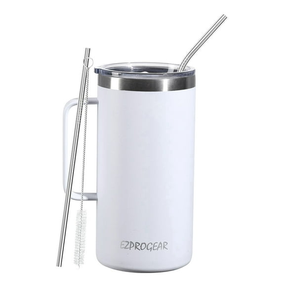 Ezprogear 40 oz Stainless Steel Coffee Mug Double Wall Beer Tumbler Vacuum Insulated Camping Cup with Handle and Lid (White)