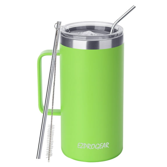 Ezprogear 40 oz Stainless Steel Large Mug Double Wall Vacuum Insulated Beer Tumbler with Handle, Lid & Straws (Matte Lime Green)