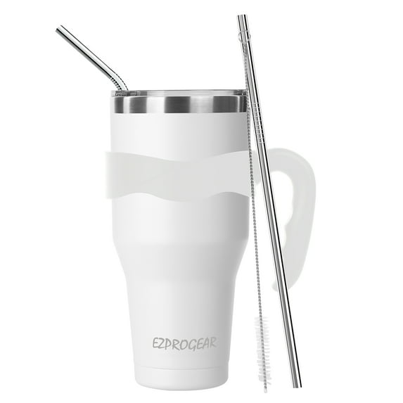Ezprogear 40 oz White Stainless Steel Tumbler Double Wall Vacuum Insulated Coffee Cup with Straws and Handle