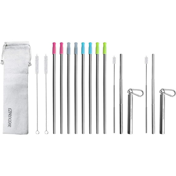 Ezprogear Stainless Steel 2C8L Straw with Silicone Tip Collapsible and 8 mm Eco Friendly Drinking Straws (2 Collapsible + 8 Long)