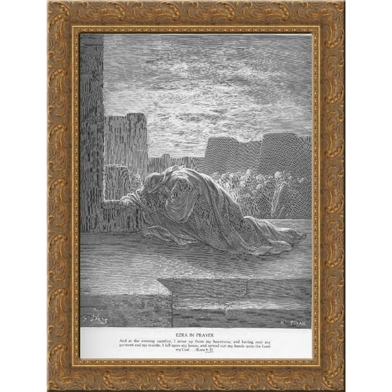 Ezra Kneels in Prayer 24x18 Gold Ornate Wood Framed Canvas Art by Gustave Dore