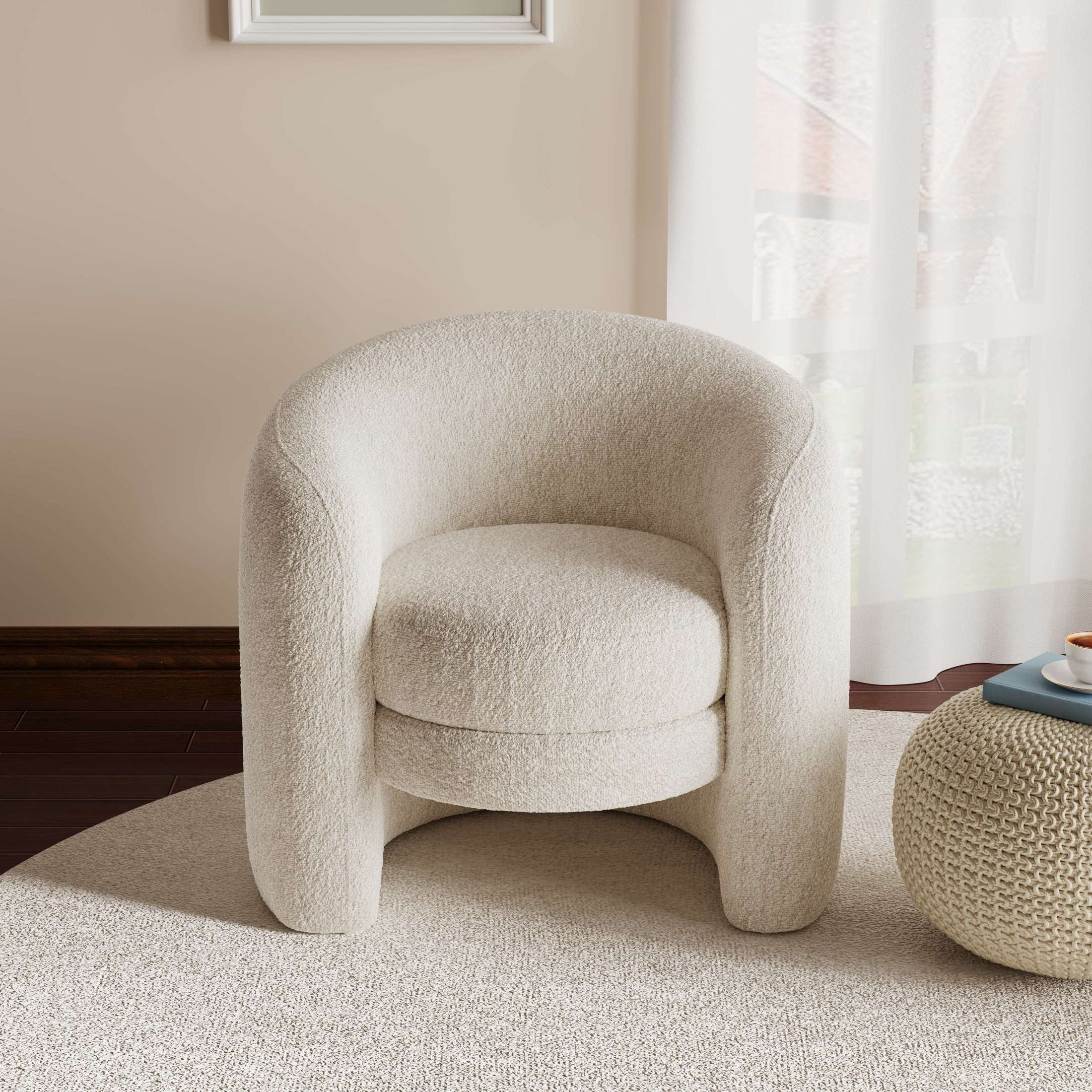 Ezra Luxurious Curved Back Boucle Upholstered Accent Chair, Ivory