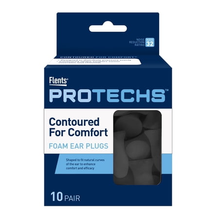Flents Protechs Contoured for Comfort Foam Ear Plugs (NRR 32), 10 Pair, Black