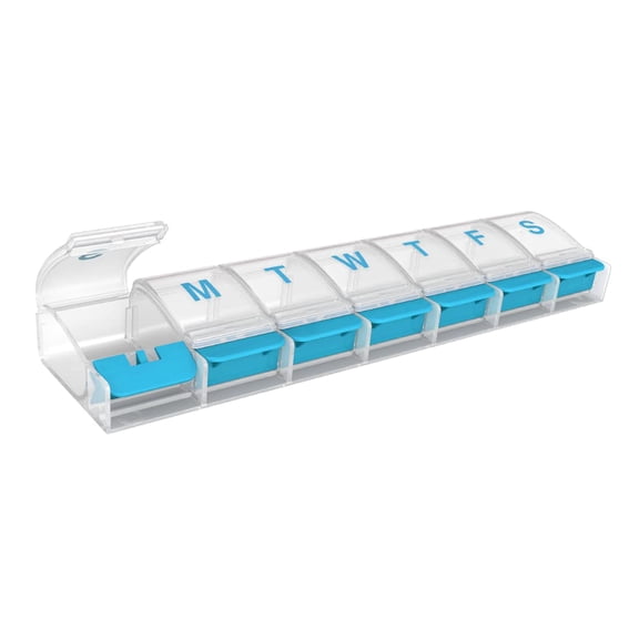 Ezy Dose Push Button (7-Day) Pill, Medicine, Vitamin Organizer Box, Weekly, Daily Planner, Arthritis Friendly, X-Large, Blue