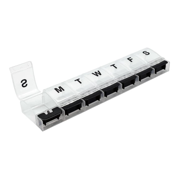 Ezy Dose Push Button (7-Day) Pill, Medicine, Vitamin Organizer Box, Weekly, Daily Planner, Arthritis Friendly, X-Large, Clear & Black