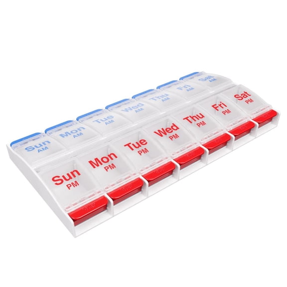 Ezy Dose Push Button (7-Day) Pill Planner, AM/PM, Large Compartments, Blue and Red
