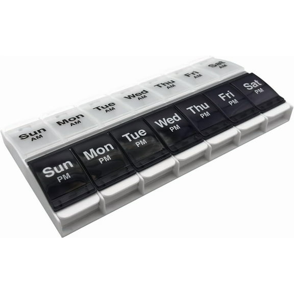 Ezy Dose Push Button (7-Day) Pill Planner, AM/PM, Large Compartments, Blue and White