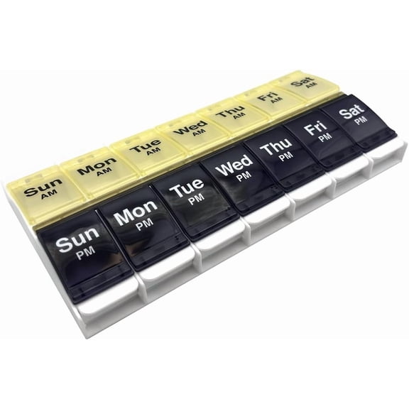 Ezy Dose Push Button (7-Day) Pill Planner, AM/PM, Large Compartments, Blue and Yellow