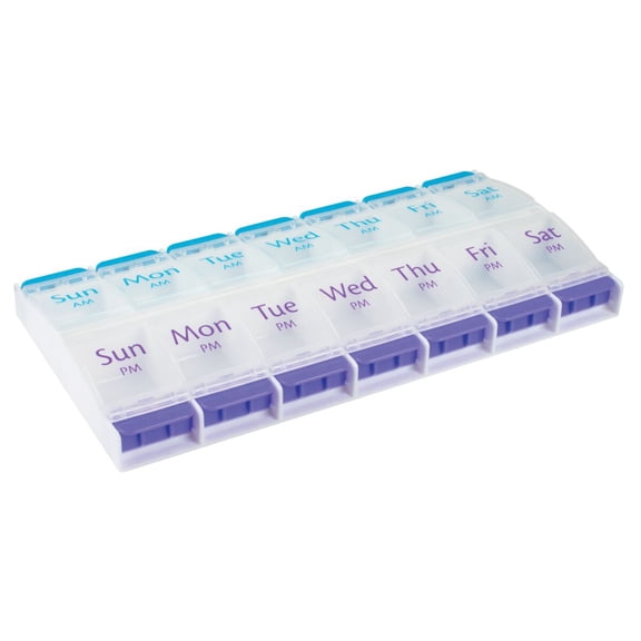 Ezy Dose Push Button (7-Day) Pill Planner, AM/PM, Large Compartments, Clear Lids, Plastic