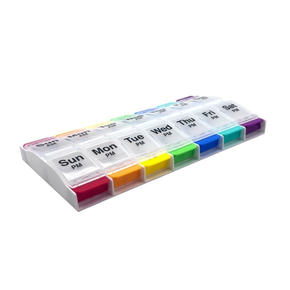 Ezy Dose Push Button (7-Day) Pill Planner, AM/PM, Large Compartments, Rainbow
