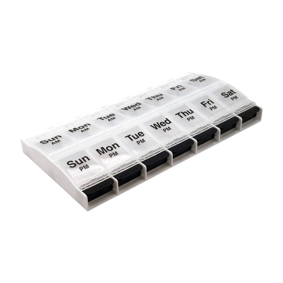 Ezy Dose Push Button (7-Day) Pill Planner, AM/PM, Large Compartments, Transparent Lids, Black