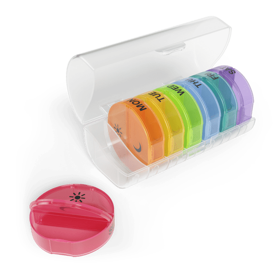 Ezy Dose Travel Daily Pill Organizer (7-Day) AM/PM, Pop-Out Compartments for Medication, Rainbow