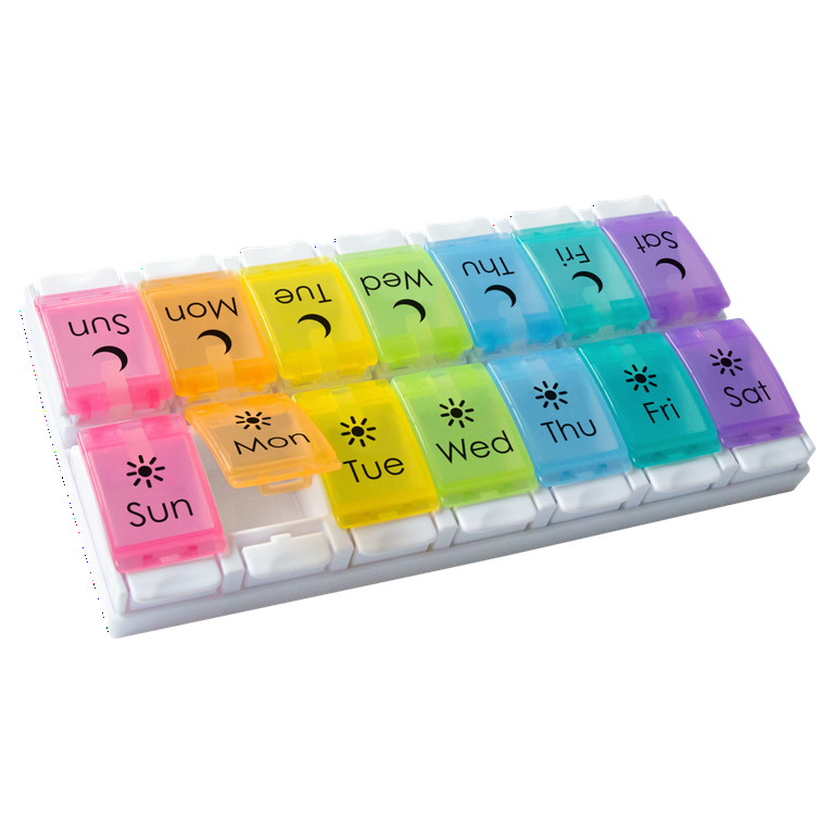 Ezy Dose Weekly (7-Day) AM/PM Pill Organizer, Large Push Button  Compartments, 2 Times a Day, Rainbow plastic