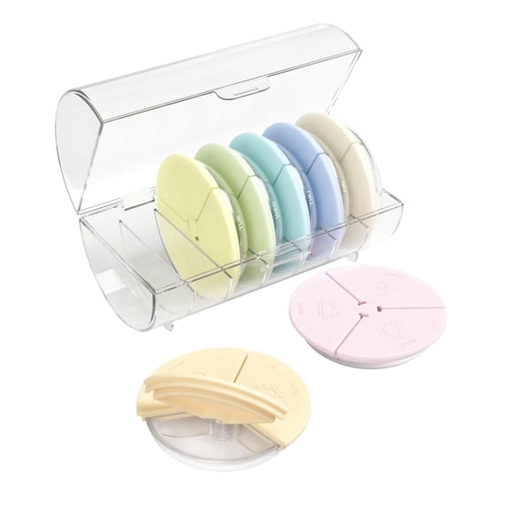 Ezy Dose Weekly (7-Day) Daily Pill Case ,Compact Round Containers with Flexible Lids and Removable Compartments, 3 Times a Day, Soft Rainbow