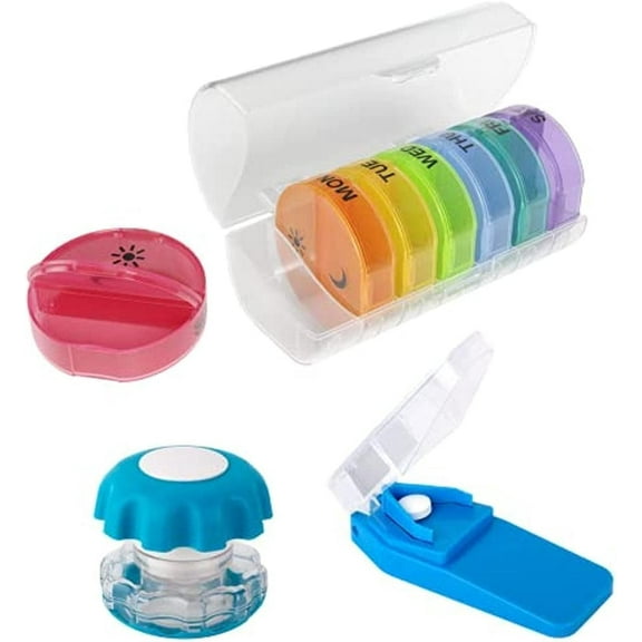 Ezy Dose Weekly (7-Day) Medication Management Bundle Pill Organizer with Pill Cutter & Crusher, Assorted