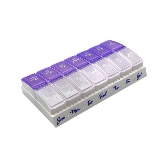 Ezy Dose Weekly (7-Day) Pill Case, 2 Times a Day AM/PM, Small Pop-out Compartments, Arthritis Friendly, Pearlescent and Lavender Lids, BPA Free