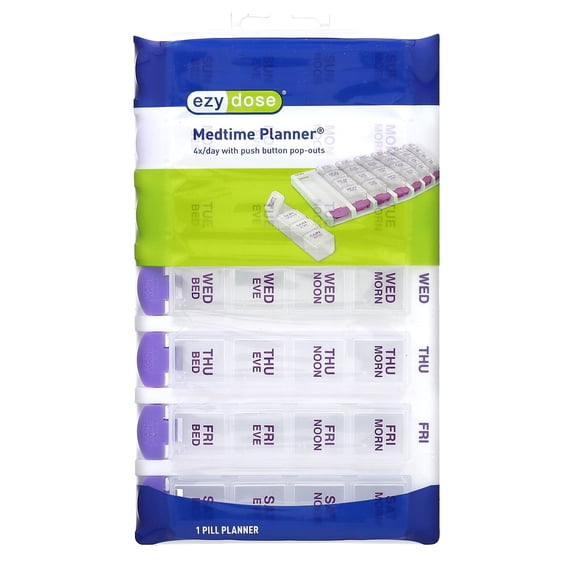 Ezy Dose Weekly (7-Day) Pill Organizer, 4 Times a Day, Push Button, Pop-Out Travel Compartments