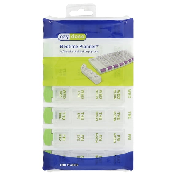 Ezy Dose Weekly (7-Day) Pill Organizer, 4 Times a Day, Push Button, Pop-Out Travel Compartments