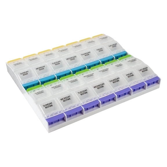 Ezy Dose Weekly (7-Day) Pill Organizer with Push Button Compartments & Clear Lids with Multi-Color Buttons, 4 Times a Day