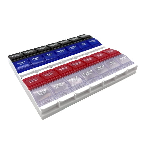 Ezy Dose Weekly (7-Day) Pill Organizer with Push Button Compartments & Multi-Color, 4 Times a Day
