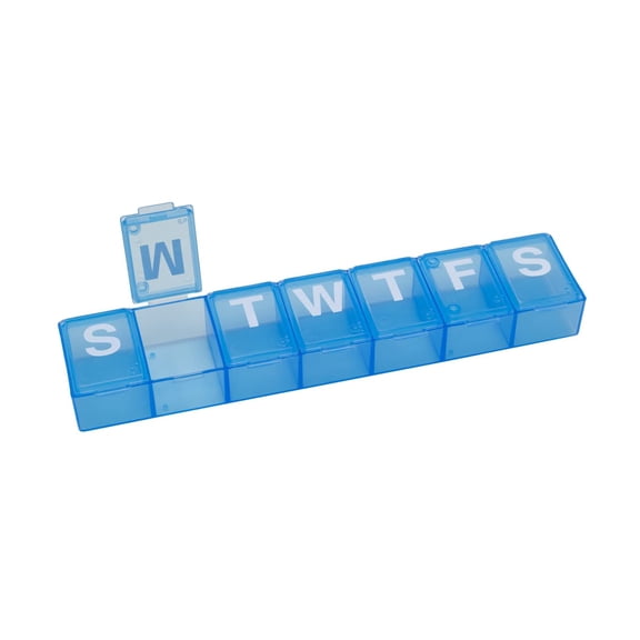 Ezy Dose Weekly 7-Day Pill Organizer, X-Large Vitamin and Medicine Box, Easy-Open Lids, Blue