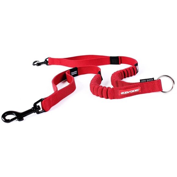 EzyDog Zero Shock Coupler Bungee Dog Leash - Walk Two Dogs with Ease and Comfort - Two Traffic Handles and Super Strength Metal Attachment Points for Control and Safety (24”, Red)
