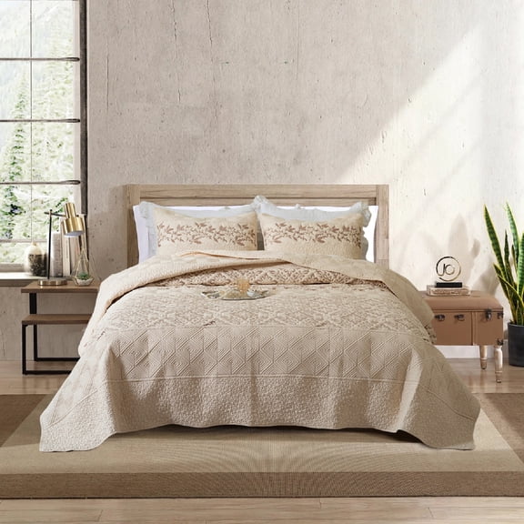 Ezynyte 3 Piece King Size Quilt Bedding Set, Lightweight Beige Bedspread, Geoetric Pattern Coverlet Set for All Seasons, 106"*96"