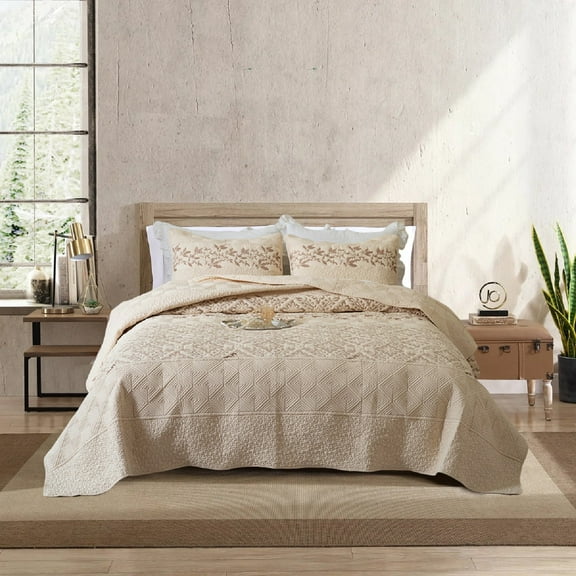 Ezynyte 3 Piece Queen Size Quilt Bedding Set, Lightweight Beige Bedspread, Geoetric Pattern Coverlet Set for All Seasons, 96"*92"
