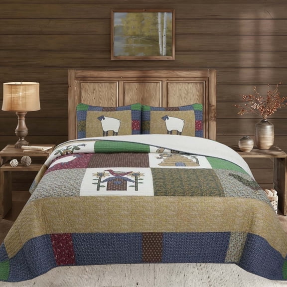 Ezynyte 3 Piece Queen Size Quilt Sets Patchwork Retro Bedding Set, Lightweight Reversible Bedspread Set with 2 Pillow Shams