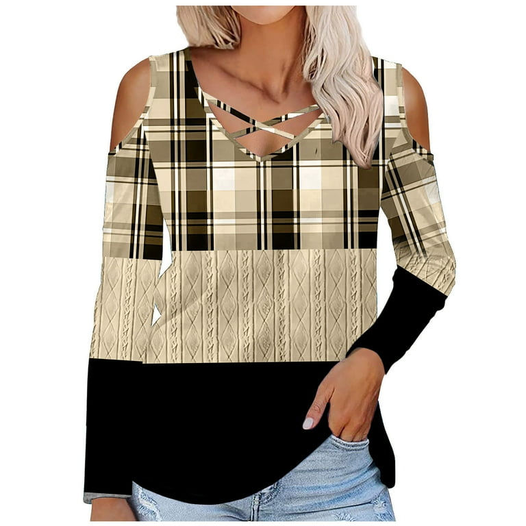 F 082 Khaki Lounge Going Out Tops for Ladies Summer Fall Cold Shoulder V Neck Colorblock Long Slim Tunic Wrap Plaid Criss Cross Top T Shirt Blouse Juniors 2024 ZO S Walmart