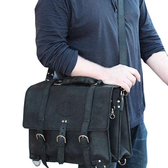 F-100BK BLACK RUSTIC VINTAGE LEATHER BRIEFCASE BACKPACK LAPTOP BAG LRG