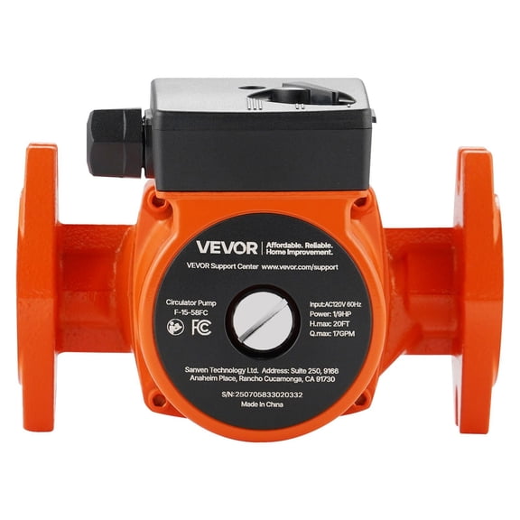 F-15-58FC Cast Iron Circulator Pump, 17 GPM, 120V AC, 20 ft Head, 1-Inch Flange Connection, 3-Speed Adjustment, Quiet Operation, for Home Water Heating System