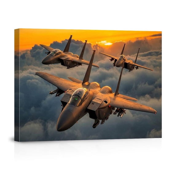 F-15 Fighter Jets Formation Sunset Military Aviation For Home Office Man Cave Canvas
