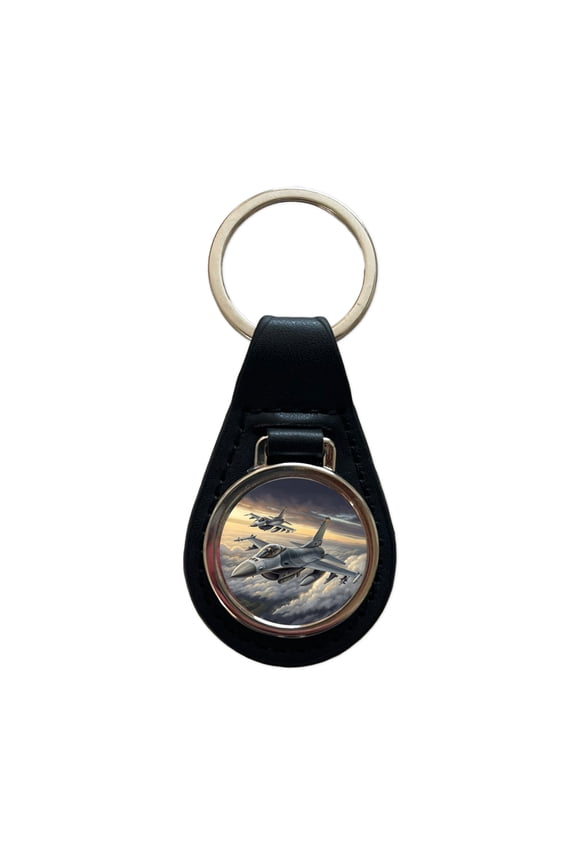 F-16 Fighting Falcon Viper Planes Flying In Formation Metal Black Leather Keychain