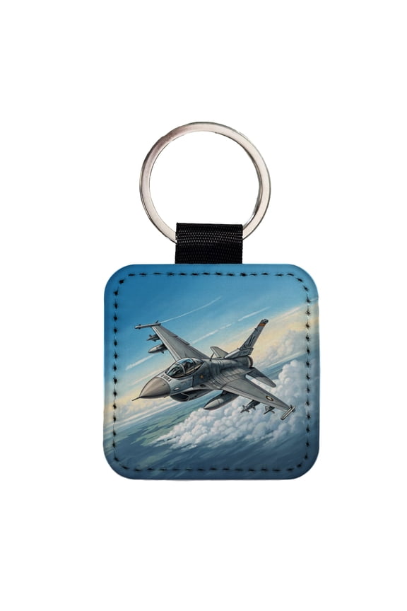 F-16 Fighting Falcon Viper US Air Force Air Superiority Fighter Plane Faux Leather Square Keychain