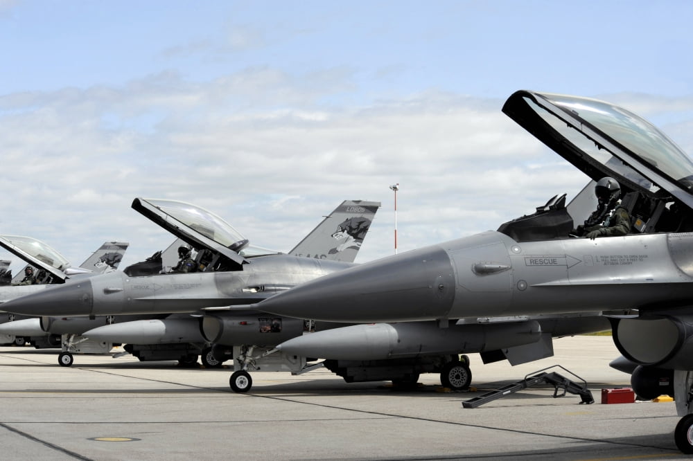 F-16 Fighting Falcons await to launch for a training mission Canvas Art - Stocktrek Images (34 x 23)
