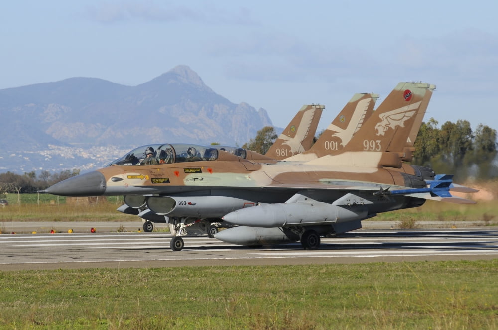F-16B Netz aircraft from the Israeli Air Force at Decimomannu Air Base Italy Canvas Art - Riccardo NiccoliStocktrek Images (34 x 23)