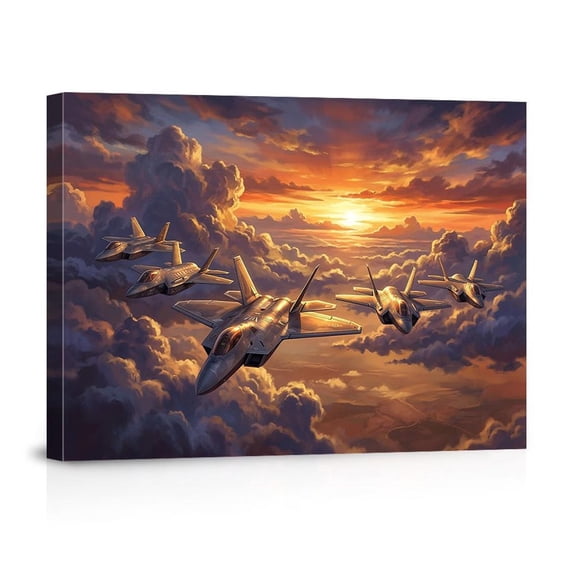 F-22 Fighter Jets Formation Sunset Military Aviation Aircraft For Man Cave Bedroom Office Canvas